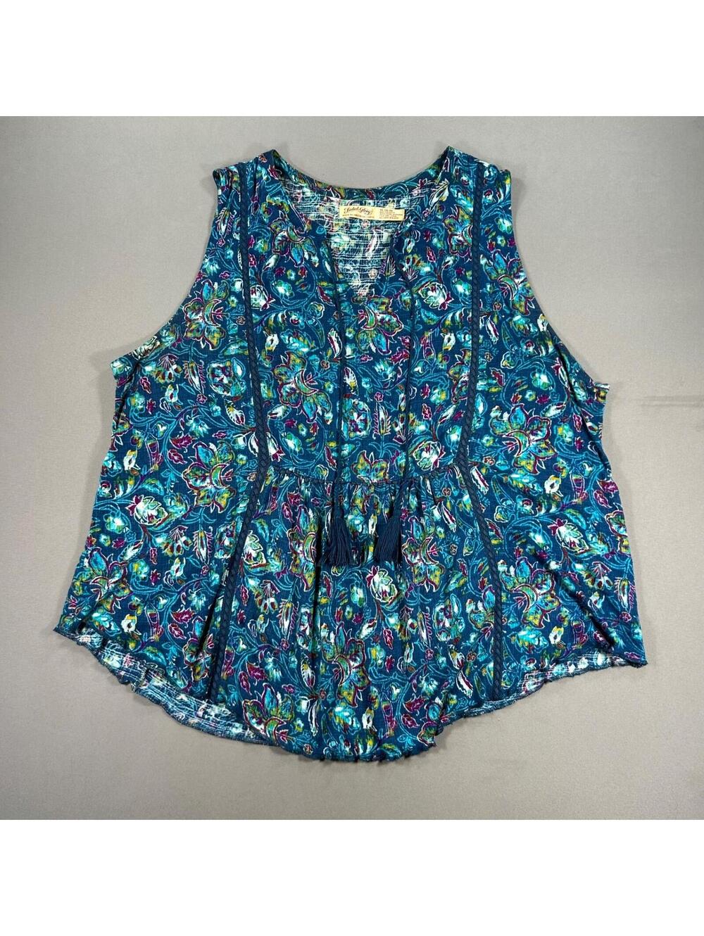 Faded Glory Womens Shirt Blouse Blue Sz XL (16-18) Tassels Tank Top Boho